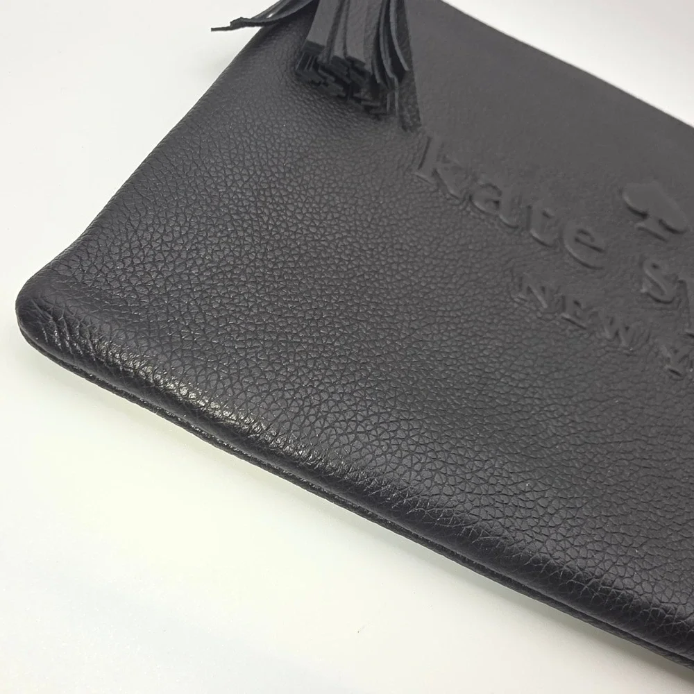 Kate Spade New York Black Pebbled Leather Embossed Logo Tassel‎ Clutch Pouch